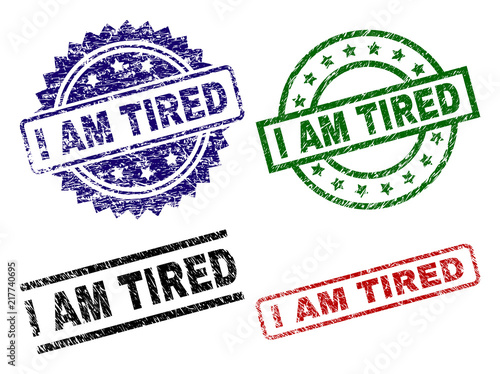 I AM TIRED seal prints with corroded surface. Black, green,red,blue vector rubber prints of I AM TIRED tag with corroded surface. Rubber seals with round, rectangle, medallion shapes.