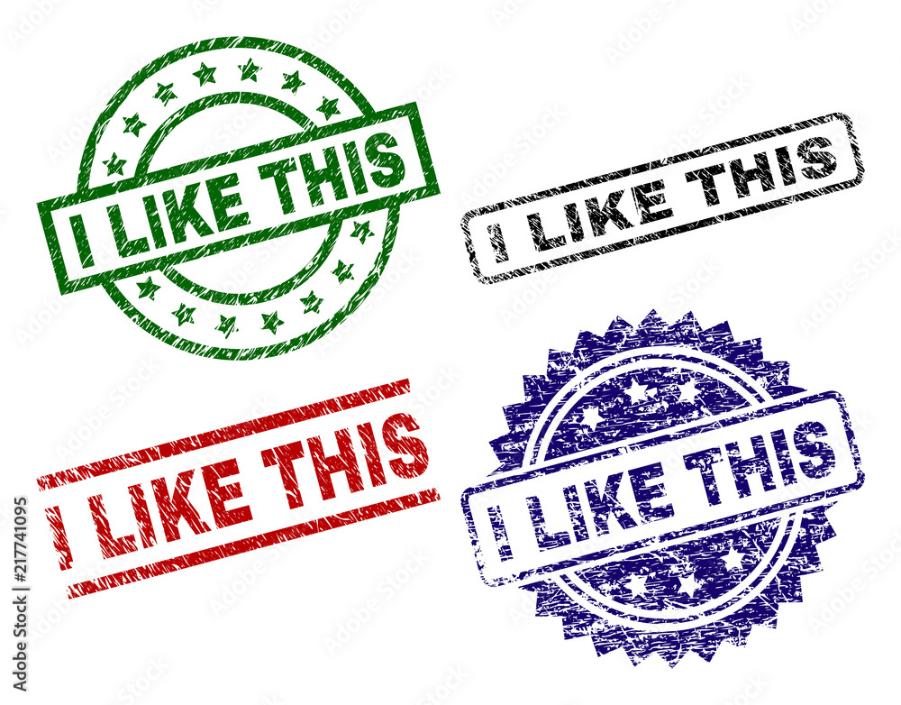 I LIKE THIS seal imprints with corroded texture. Black, green,red,blue vector rubber prints of I LIKE THIS text with corroded texture. Rubber seals with round, rectangle, medal shapes.