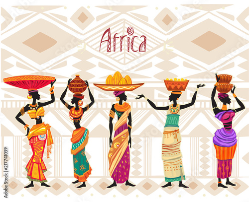 African woman in ethnic dress on ornament background