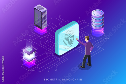 Biometric blockchain flat isometric vector concept.