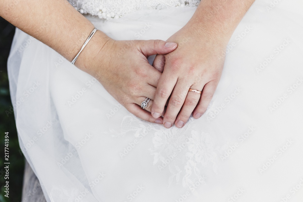 Detail of a white and elegant wedding dress.