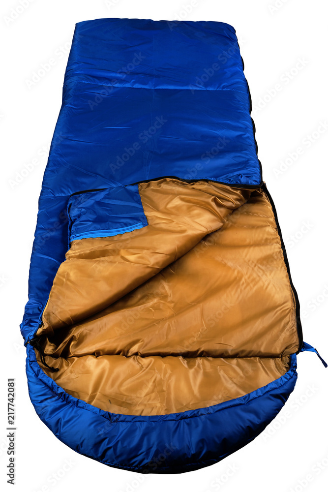 Blue sleeping bag, isolated on white background, laid out, nylon, warm for hiking and recreation.