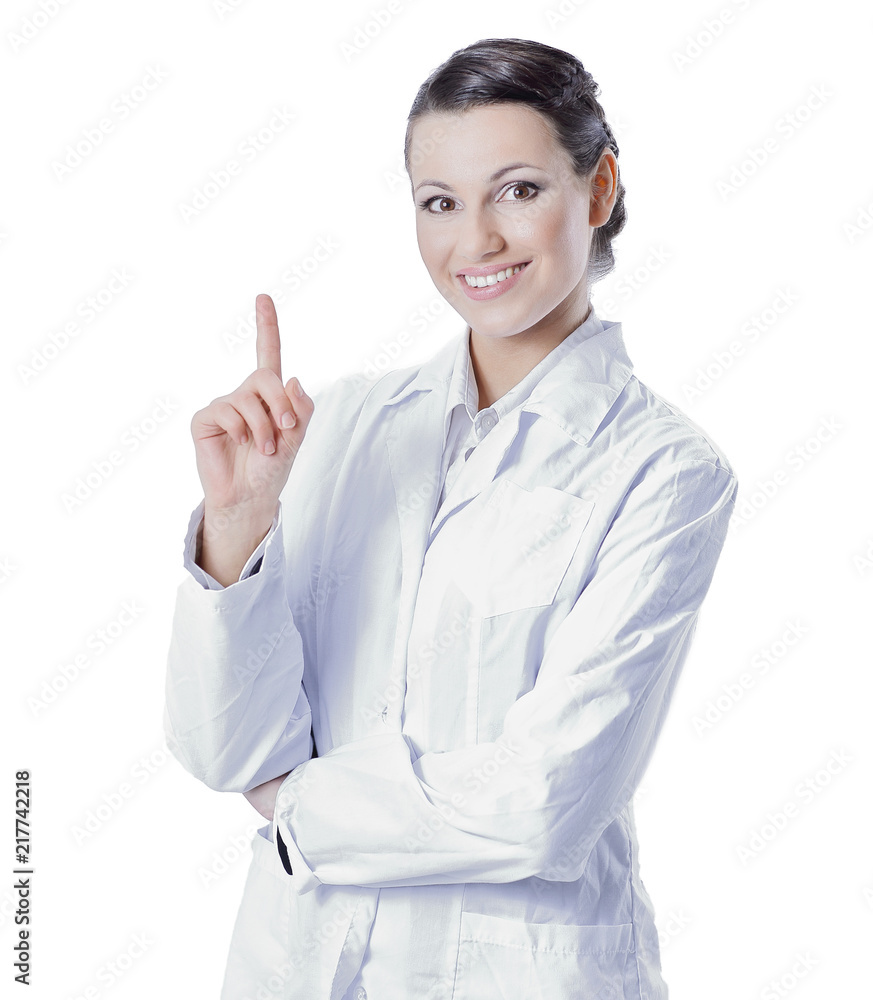 friendly medical doctor woman showing up at copy space friendly medical doctor woman showing up at copy space