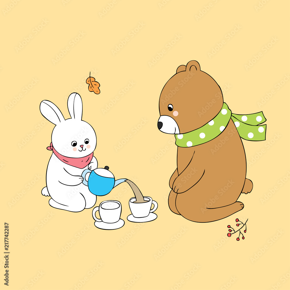 Fototapeta premium Cartoon cute Autumn rabbit and bear tea time vector.
