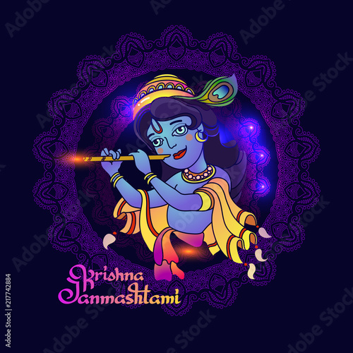 Krishna Janmashtami greeting card. Vector. Young Lord Krishna.