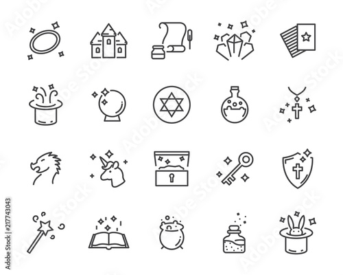 set of fantasy vector icons, such as dragon, unicorn, treasure and more
