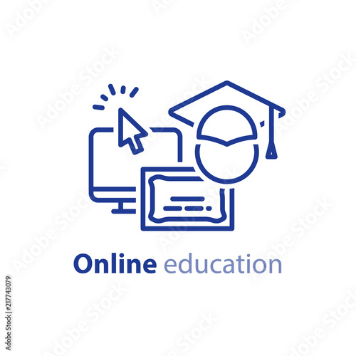 Online education concept line icons, internet learning courses, distant studying