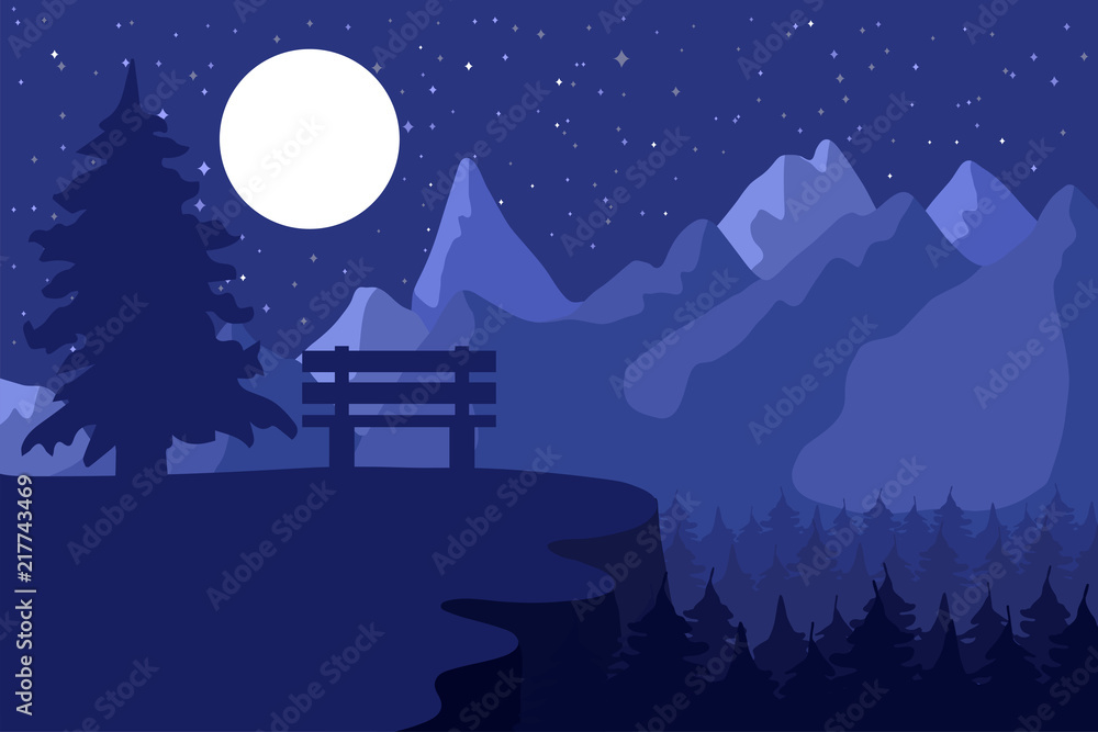 Fototapeta premium Park bench in the night coniferous forest