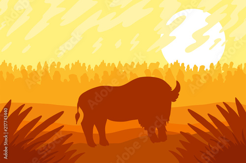 Landscape with wild bizon on field