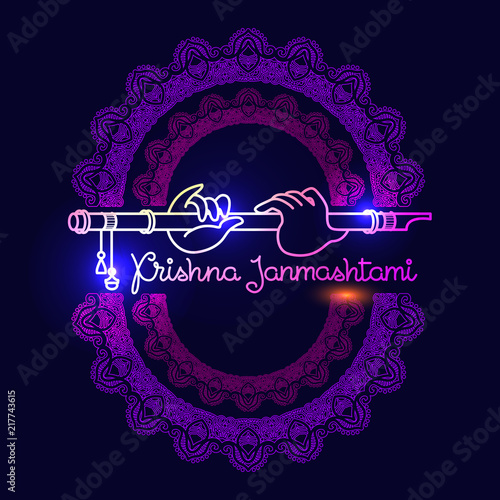 Krishna Janmashtami greeting card. Vector Linear illustration.
