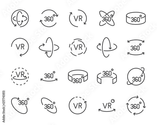 vr vector line icon set, such as 360degree, glasses, round