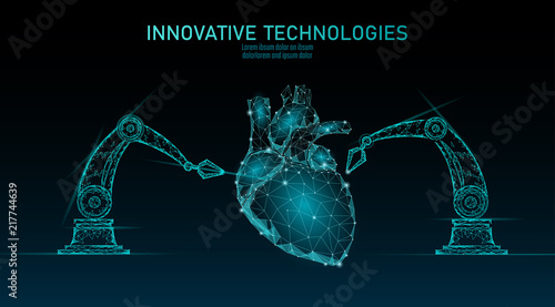 Robotic heart surgery low poly. Polygonal cardiology surgery procedure. Robot arm manipulator. Modern innovative medicine science automation technology. Triangle 3D render shape vector illustration