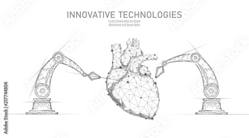 Robotic heart surgery low poly. Polygonal cardiology surgery procedure. Robot arm manipulator. Modern innovative medicine science automation technology. Triangle 3D render shape vector illustration