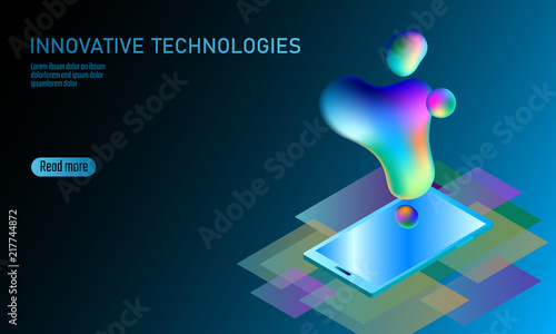 3D-enabled display smartphone concept. Stereoscopic output view isometric 3D flat business mobile phone innovation technology. Web touch screen modern camera parallax effect vector illustration