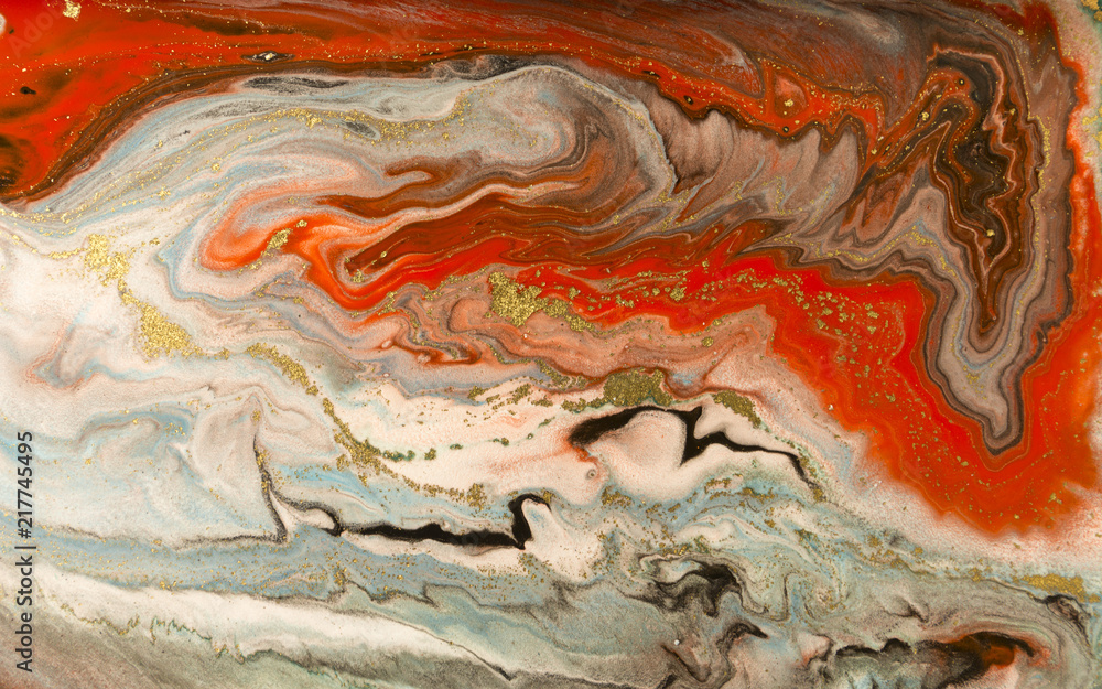 Gold marbling texture design. Red and golden marble pattern. Fluid art. Gold marbling texture design. Red and golden marble pattern. Fluid art.