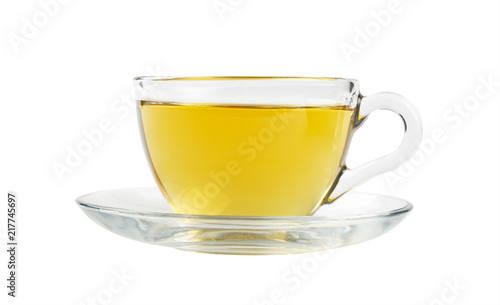 Transparent glass cup of green tea isolated