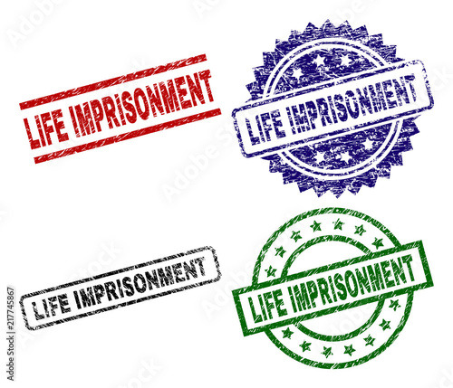 LIFE IMPRISONMENT seal imprints with corroded surface. Black, green,red,blue vector rubber prints of LIFE IMPRISONMENT title with corroded surface. Rubber seals with round, rectangle, medal shapes.