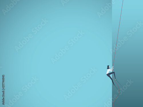 Business woman climbing cliff or rock wall vector concept. Symbol of determination, focus, ambition, aspiration, power and success.