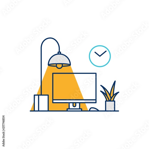working desk computer setup illustrative icon vector illustration line outline monoline