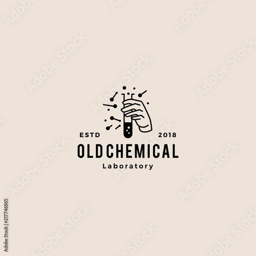 hand hold laboratory glassware logo hispter retro vintage vector illustration