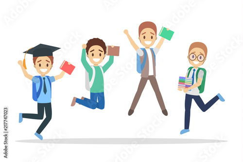 Set of cute little jumping school kids