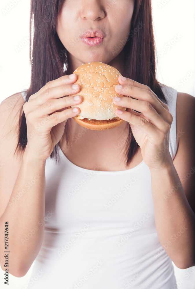 beauty asian women eating berger isolated on white background beauty asian women eating berger isolated on white background