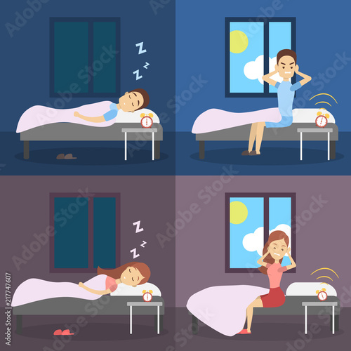 Set of woman and man sleeping in the bed and waking up