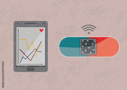 Smart pills or other pharmaceutical product - future of medicine. A pill with microchip, which is sending a signal to tablet or smartphone or other disposal 