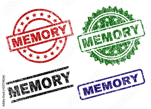 MEMORY seal stamps with damaged style. Black, green,red,blue vector rubber prints of MEMORY caption with scratched style. Rubber seals with round, rectangle, rosette shapes.
