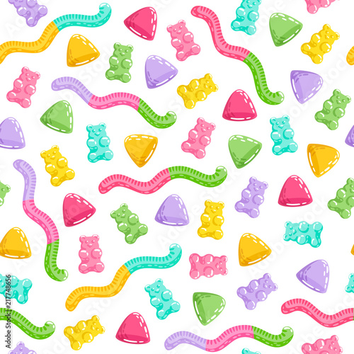 Gummy bears and jelly worms seamless pattern.