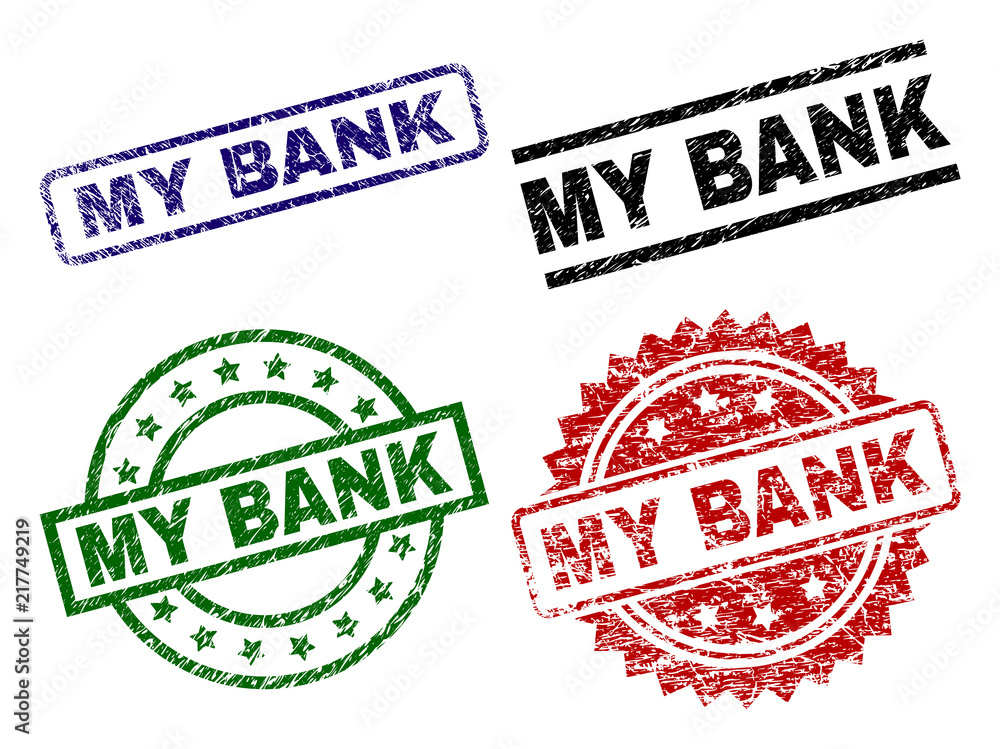 MY BANK seal prints with damaged style. Black, green,red,blue vector rubber prints of MY BANK label with corroded style. Rubber seals with circle, rectangle, medallion shapes. MY BANK seal prints with damaged style. Black, green,red,blue vector rubber prints of MY BANK label with corroded style. Rubber seals with circle, rectangle, medallion shapes.