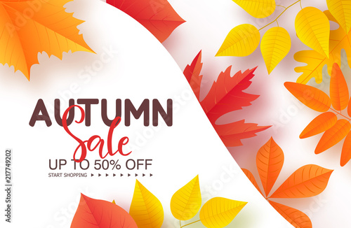Autumn sale poster with colorful leaves . Vector illustration for banners, posters, email and newsletter designs, ads, coupons, promotional material.