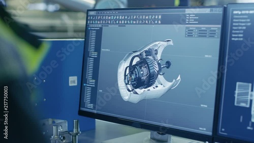 Close-up Shot of the 3D CAD Model of the Engine Shown on Computer Screen. In the Background Manufacturing Factory with People Working. Shot on RED EPIC-W 8K Helium Cinema Camera. photo