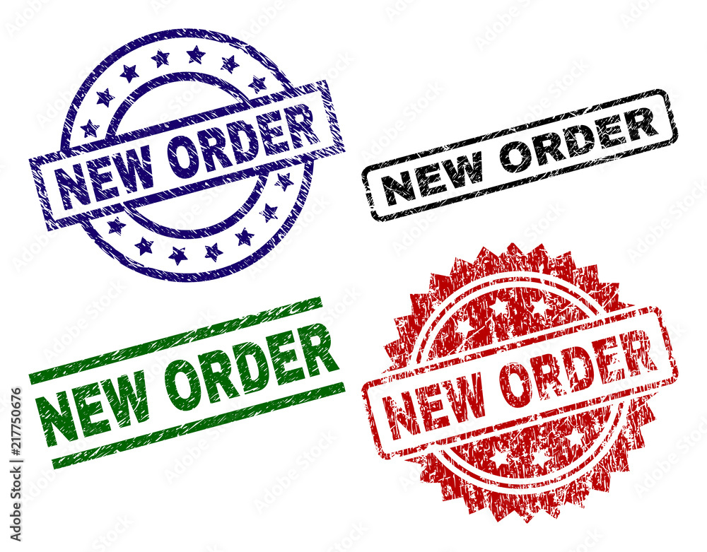 NEW ORDER seal prints with corroded surface. Black, green,red,blue vector rubber prints of NEW ORDER label with corroded texture. Rubber seals with circle, rectangle, rosette shapes. NEW ORDER seal prints with corroded surface. Black, green,red,blue vector rubber prints of NEW ORDER label with corroded texture. Rubber seals with circle, rectangle, rosette shapes.