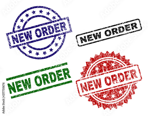 NEW ORDER seal prints with corroded surface. Black, green,red,blue vector rubber prints of NEW ORDER label with corroded texture. Rubber seals with circle, rectangle, rosette shapes.