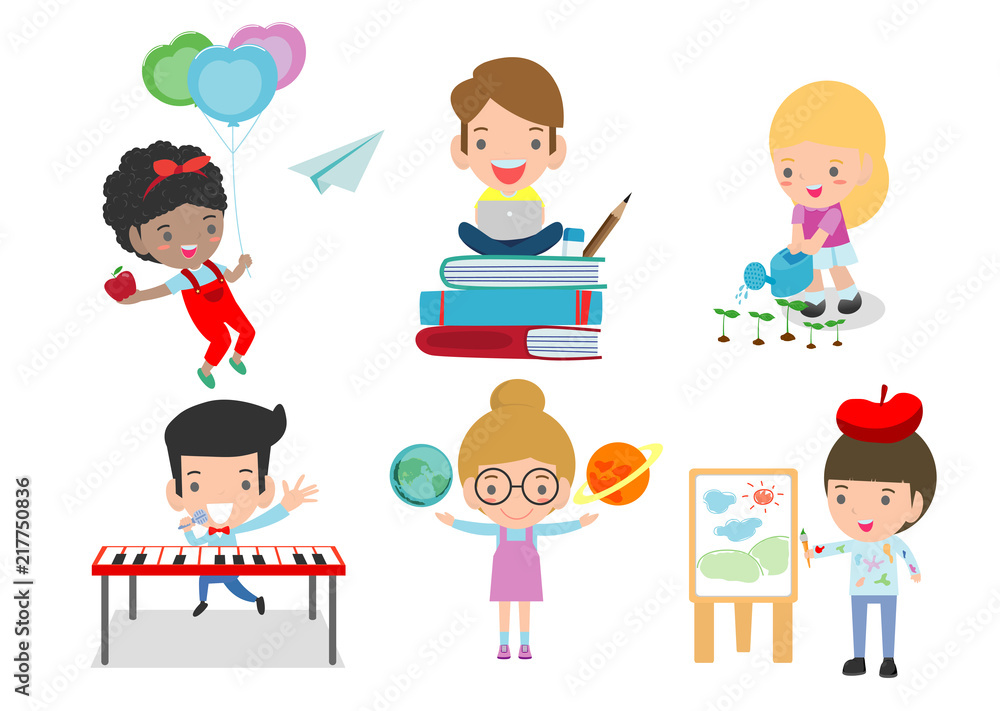 Set of school kids in education concept,happy cartoon kids in classroom ...