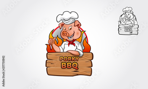 Porky BBQ Logo Cartoon Character. A happy funny Cartoon pig. Vector logo illustration