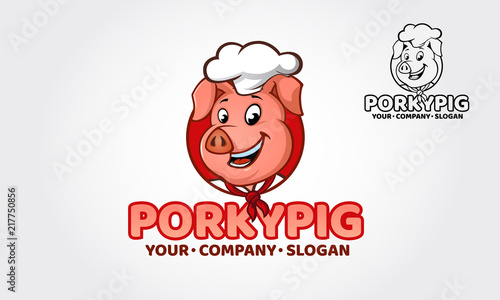 Porky Pig Logo Cartoon Character.  Happy Pig Chef Head Cartoon. Vector logo illustration.