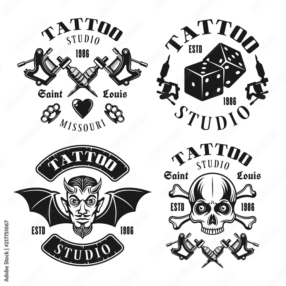 Tattoo studio four vector black vintage emblems