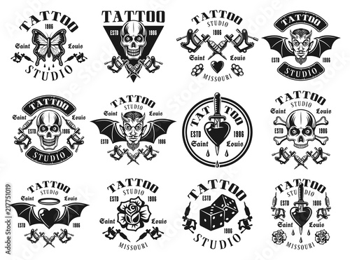 Tattoo studio big set of vector vintage emblems