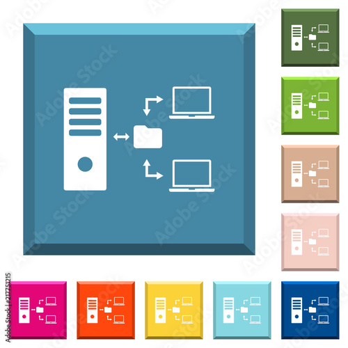 Network file system with server white icons on edged square buttons photo