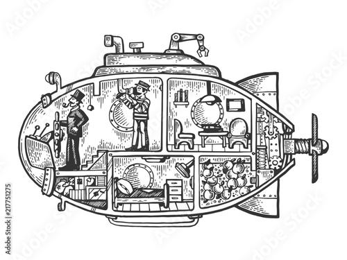 Fantastic fabulous submarine engraving vector