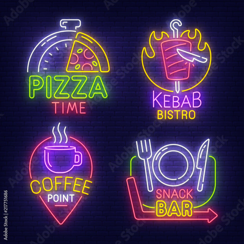 Big set neon billboard, theme Fast Food. Snak Bar, Kebab cafe, Coffee Point and Pizza Time neon sign, isolated sticker, bright signboard, light banner. Vector illustration