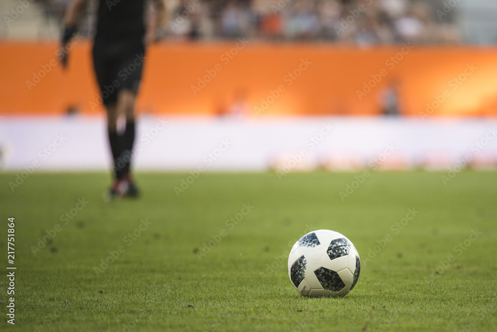  Ball on the pitch and legs of referee.