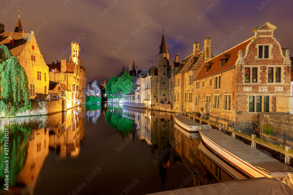 Bruges. City canal in night lighting.