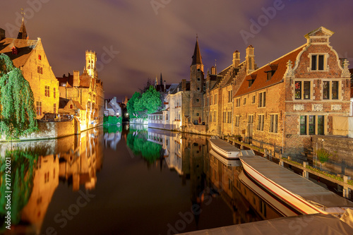 Bruges. City canal in night lighting.