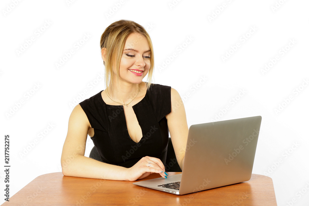 Girl businesswoman working behind laptop, computer isolated on white background Girl businesswoman working behind laptop, computer isolated on white background