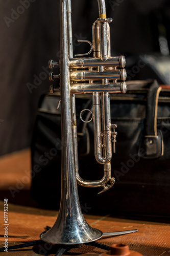 Trumpet standing on stage with leather bag in the background