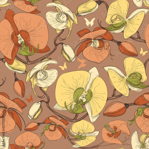 Floral seamless pattern. Ochid flowers design photo