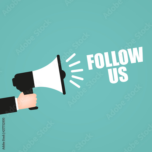 Hand holding megaphone - Follow us. Vector illustration